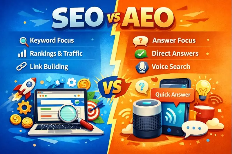 illustration showing seo versus aeo